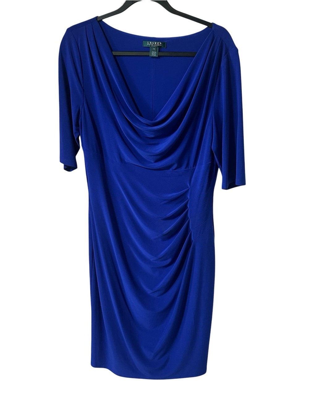 Lauren Ralph Lauren Blue Cowl Neck Sheath Dress Size 14 NWT Stretchy